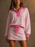 Women Striped Knit 2 Piece Set Polo Top and Mini Skirt