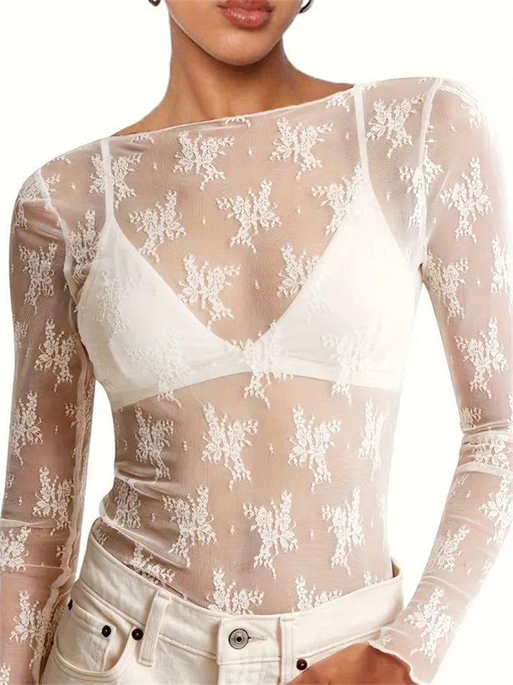 Women's Sheer Lace Mesh Long Sleeve Sabrina Neck Shirts