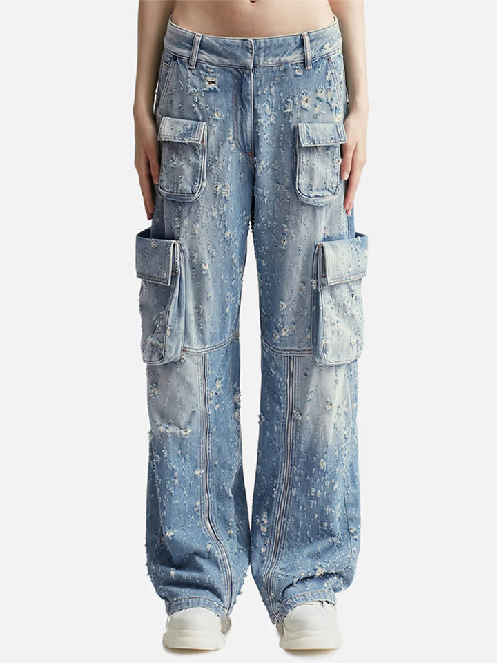 Korean Style Women's Wide Leg Cargo Ripped Denim Pants