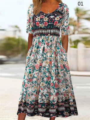 Female Short Sleeve Pullover Bohemian Printed Dress
