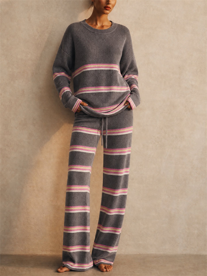Women Striped Ribbed Knit 2 Piece Sweater Wide Leg Pants Set