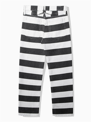 Cool Black & White Stripes Men's Canvas Cargo Biker Pants