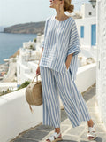 Women's 2pcs Summer Casual Stripe Short Sleeve Top & Pants Set