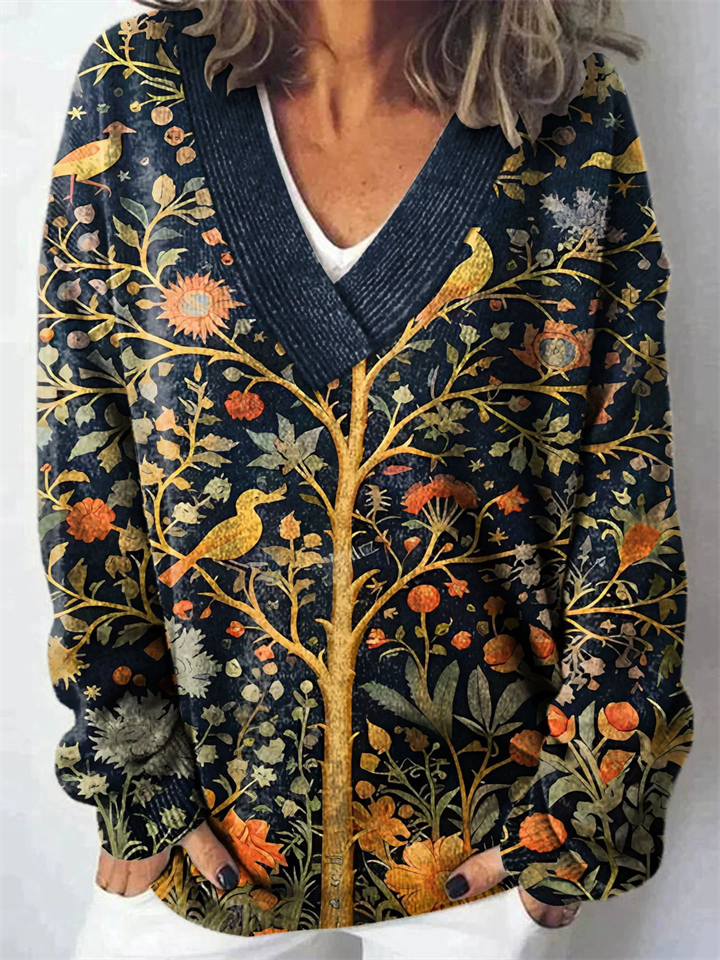 Women's Autumn Flowers Print Pullover V Neck Long Sleeve Sweaters