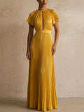Women's Gold Pleated Backless Cutout Party Maxi Dress
