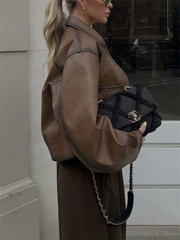 Female Vintage Button Up Short Lapel Biker Coats