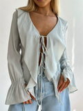 Women's Grunge Style Lace Up Ruffle Flare Sleeve V-Neck Blouses