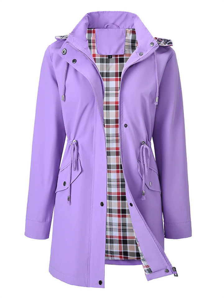 Women's Autumn Contrast Color Drawstring Waist Plaid Lining Hooded Trench Coat