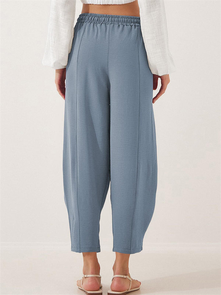 Women's Casual Summer Pleated Mid-waist Drawstring Cropped Pants