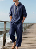 Men's Casual Solid Color Linen Button Up Long Sleeve Hoodie Outfit