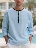 Men's Contrast Trim Cotton Linen Casual Long-sleeved Henry Shirts