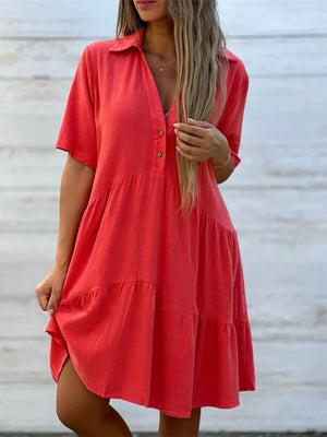 Solid Color Lapel Beach Tiered Dresses for Ladies