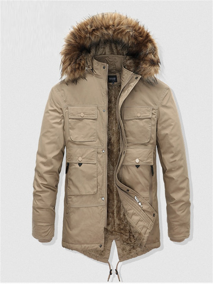 ‌Men's Winter Warm Fleece-Lined Parka Coat Faux Fur-Trimmed Hood
