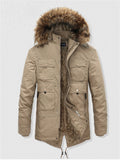 ‌Men's Winter Warm Fleece-Lined Parka Coat Faux Fur-Trimmed Hood