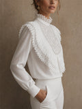 Women's Stylish Sequin Lace Ruffle High Neck Victorian Blouse