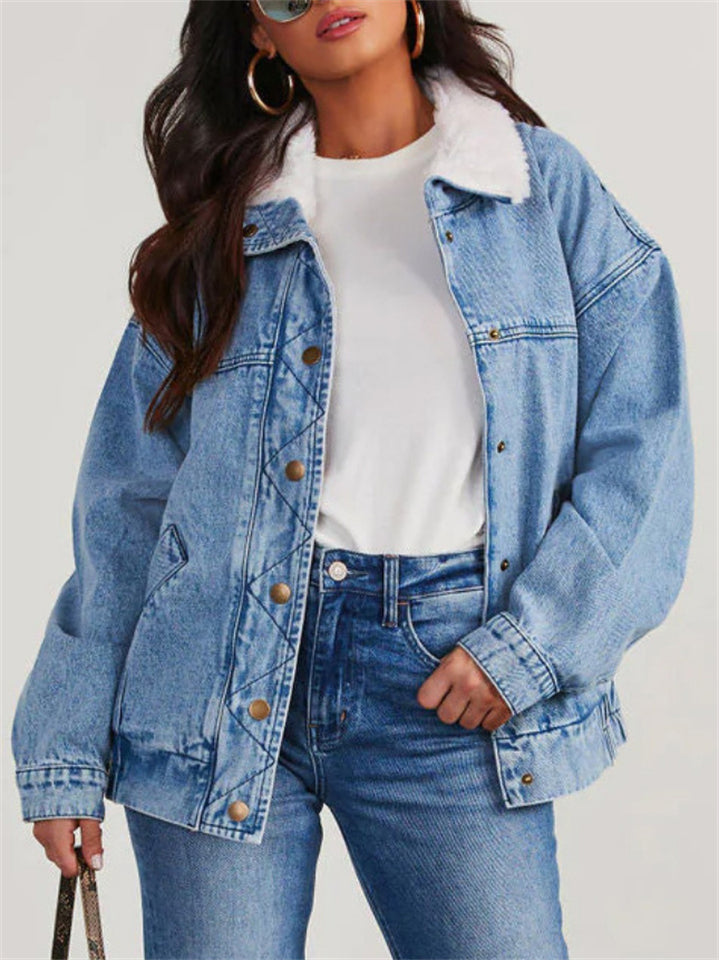Women's Fashion Thicken Cotton Denim Coat with Faux Fur Collar