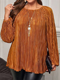 Women's Plus Size Vintage Pleated Round Neck Long-sleeved Blouses