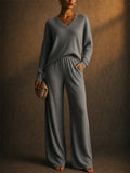 Women Ribbed Knit 2 Piece V Neck Drop Shoulder Wide Leg Pants Lounge Set
