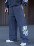 Men's Causal Printed Elastic Waist Drawstring Sporty Wide Leg Trousers