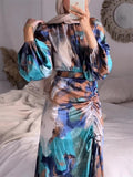 Lady Pleated Waisted Lantern Sleeve Printed Dress