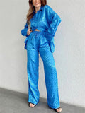 Comfy Long Sleeve Leopard Print Shirt and Wide Leg Pant Set For Women