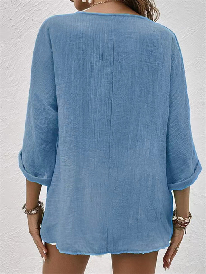 Casual Solid Color Loose Button Up V Neck Blouses for Women
