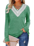Women's Elegant White Lace V Neck  Solid Color Long Sleeve Shirt