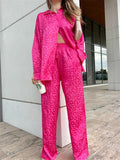 Comfy Long Sleeve Leopard Print Shirt and Wide Leg Pant Set For Women