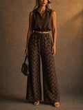 Women 2 Piece Sleeveless Polo and Geometric Wide Leg Pants Set