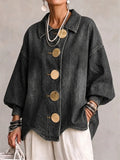 Women Autumn Stylish Oversize Lapel Metal Button Denim Jacket
