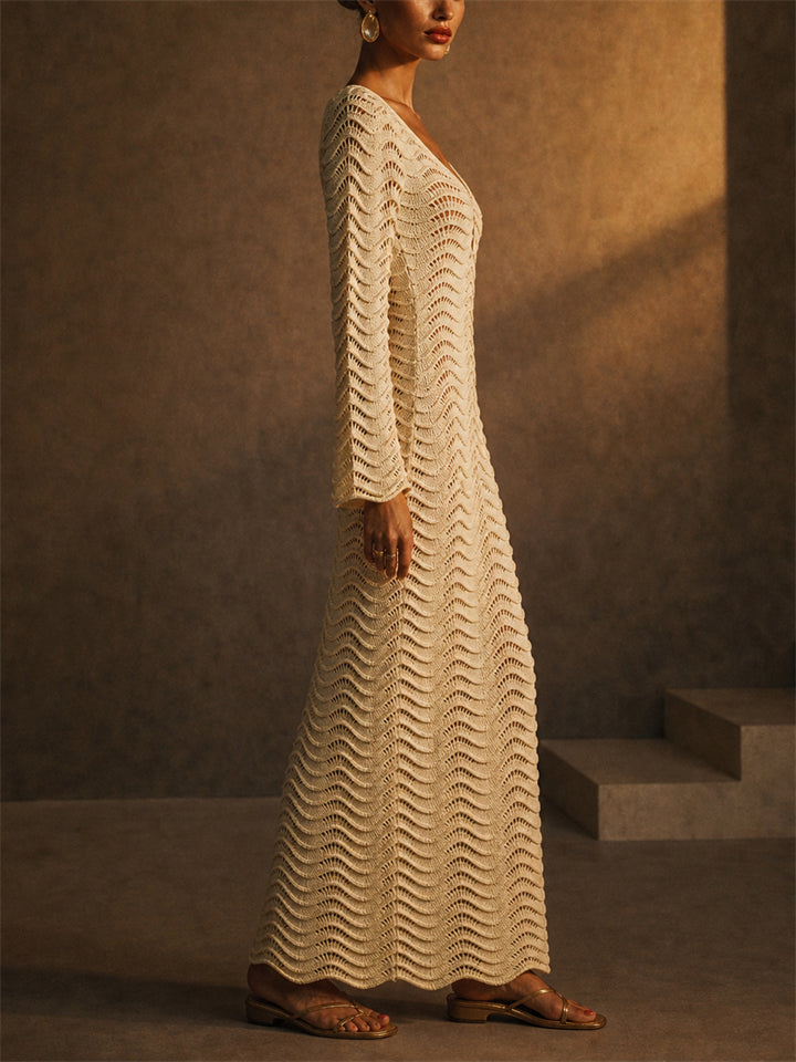 Women Boho Bell Sleeve Backless Crochet Knit Maxi Dress