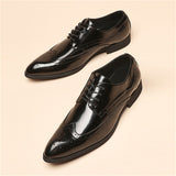 Men's Vintage Pointed Toe Shiny Carved Brogue Dress Shoes