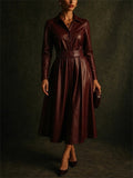 Women Faux Leather Long Sleeve Belted Maxi A-Line Dress