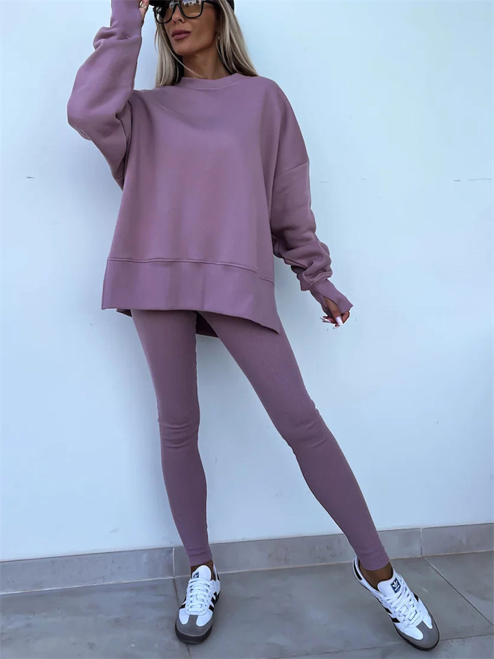Women's Autumn Loose Solid Color Round Neck Split Hem Sweatshirts & Sweatpants Outfit