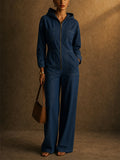 Women Long Sleeve Zip Front Wide Leg Hooded Denim Jumpsuit