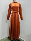 Women's Elegant Semi-high Neck Slim-fit Pleated Velvet Long Dress