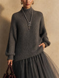 Women Mock Neck Tulle Patchwork Knit Sweater Midi Dress