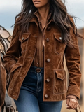 ‌Women's Vintage Brown Suede Western Style Jacket with Pockets