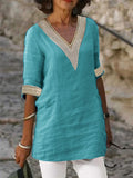 Women's Deep V-neck Half Sleeve Cotton Linen Shirts