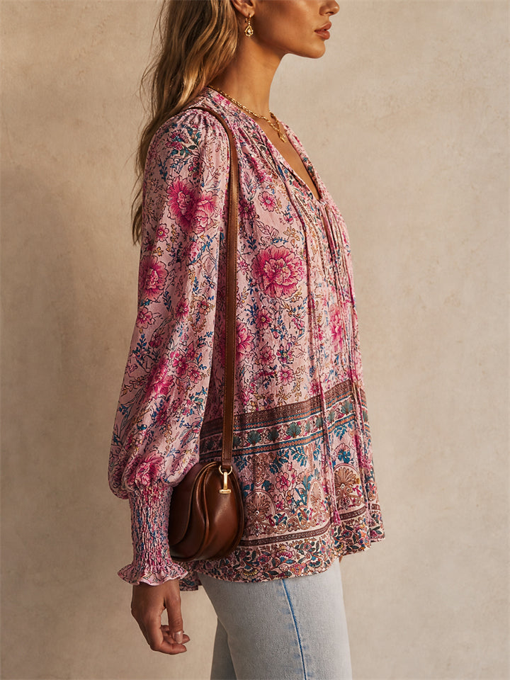Womens Boho Floral V Neck Smocked Cuff Long Sleeve Blouse