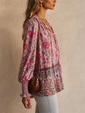 Womens Boho Floral V Neck Smocked Cuff Long Sleeve Blouse