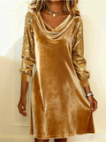 Autumn Women's Velvet Long Sleeve Sequins Patchwork Cowl Neck Shift Dress