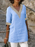 Women's Deep V-neck Half Sleeve Cotton Linen Shirts