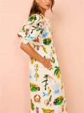 Female Cartoon Seafood Fruit Print Puff Sleeve Midi Dress