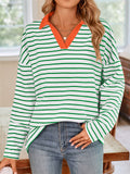 Women's Stripe Contrast Color V Neck Long Sleeve Shirts