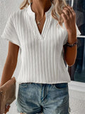 Simple Vertical Stripe V Neck Short Sleeve Shirt for Women