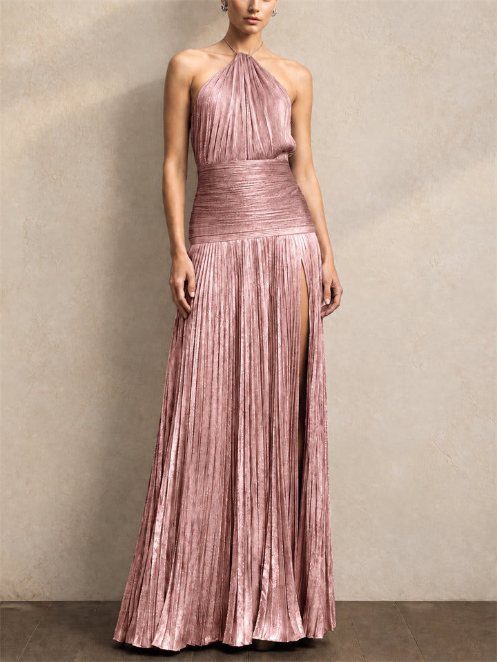 Women Metallic Pleated Halter Backless Slit Maxi Dress