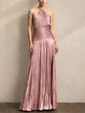 Women Metallic Pleated Halter Backless Slit Maxi Dress