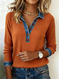 Orange Denim Collar Button Contrasting Knitted Sweater for Women