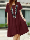 Elegant Crew Neck Short Sleeve Pleated A-line Dress for Lady